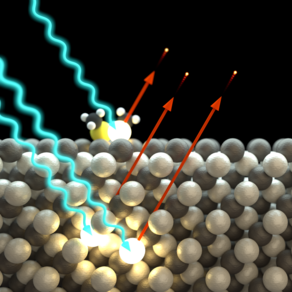 Der Photoelektrische Effekt in einer dreidimensionalen Darstellung: Einfallende Photonen lösen Elektronen aus.