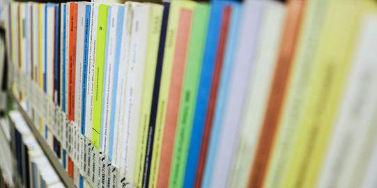 Books with the inscription dissertation on a bookshelf in the library.